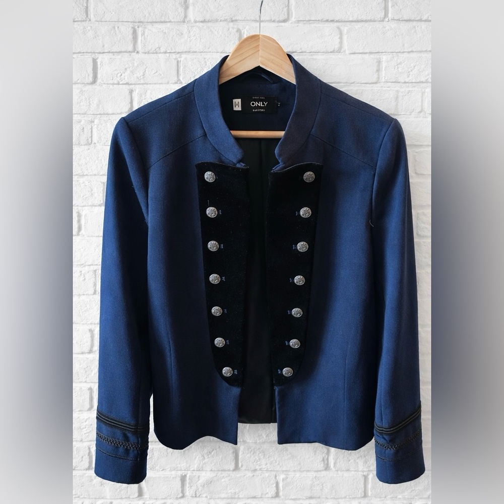 ONLY Navy Military Style Jacket Silver Buttons Structured Blazer Size 38